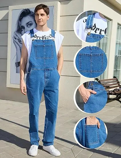 YUANBANG Men's Basic Denim Overalls Adjustable Straps Jumpsuit Fall Winter Fashion Comfort Sleeveless Pocket Menswear Bibs Workwear Coveralls with Zipper Solid Color Strappy One-Piece Outfits
