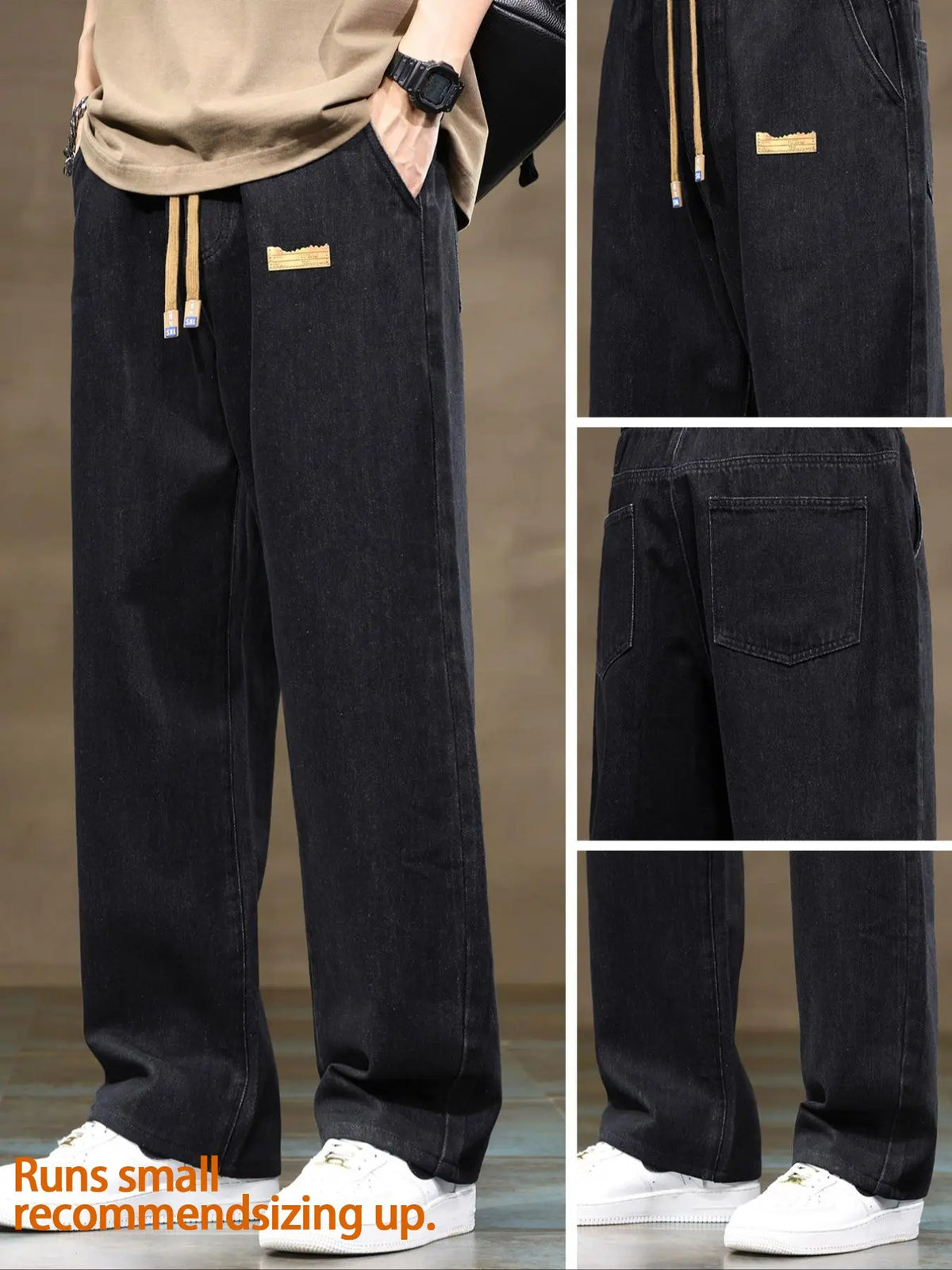 Men's drawstring elastic waist straight leg Pocket jeans solid color casual versatile non stretch denim pants, fit straight leg version, suitable for all seasons