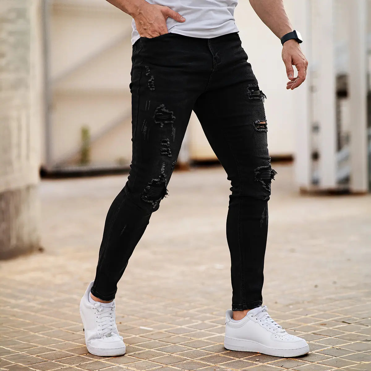GINGTTO Men's Ripped Skinny Jeans Slim Fit Distressed Denim Pants Fashion Comfort Tapered Leg