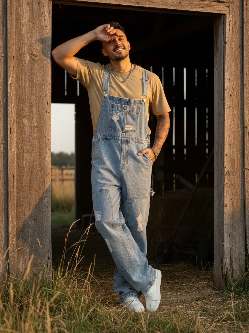 Bindefon Fall Men's Letter Print Distressed Casual Overalls Versatile Denim Bib Coveralls Hang Out Street Work Menswear Y2K Fashion Outfits Winter Pocket Jumper Cowboy Country Streetwear Guys Love