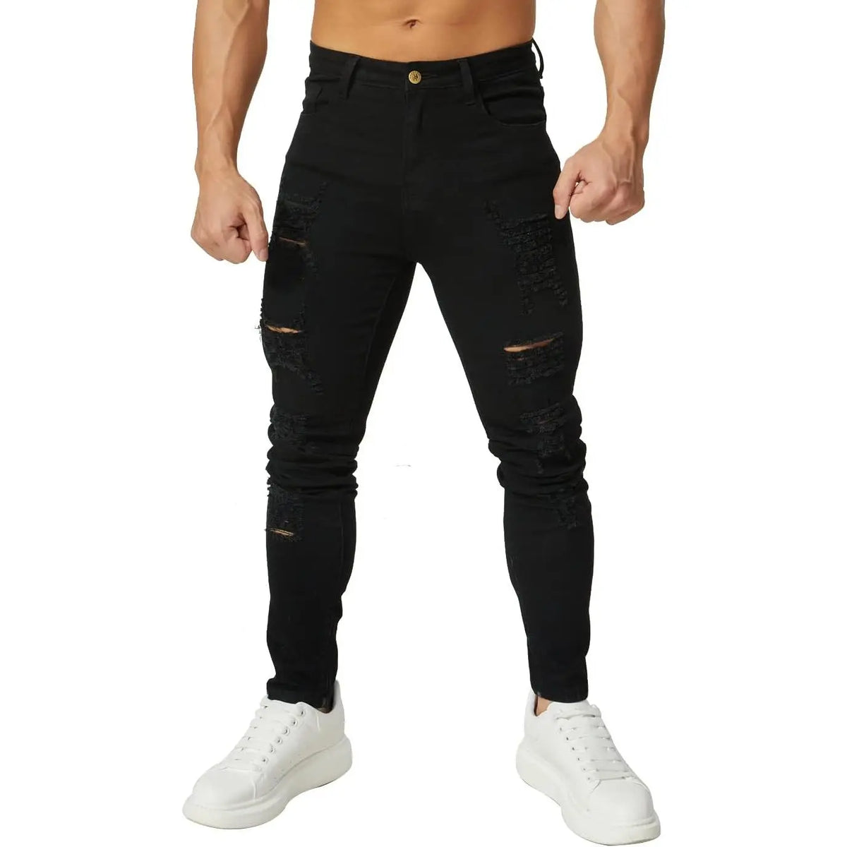 HUNGSON Men's Ripped Slim Denim Jeans - Soft Polyester-Cotton Fabric, Stretchy Skinny Fit, Breathable Distressed, Streetwear Plain Menswear Bottoms, Motocross Trousers (Denim Men's Ripped Jeans), Denim Men's Jeans sohochic