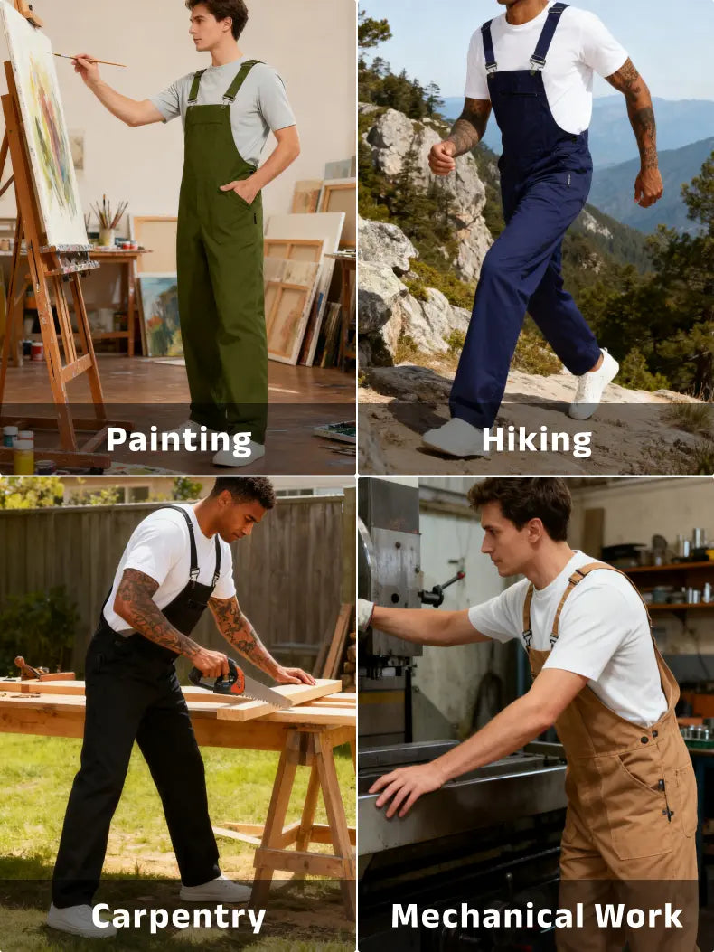 WORK IDEA Men's Cotton Overalls with Straps & Buckle, Comfortable Skin-Friendly Durable Plain Soft Fabric, 8 Functional Pockets, Elastic Waistband, Easy On/Off Workwear Uniforms (Black, Beige) for Outdoor Activities (Pair with T-Shirt)