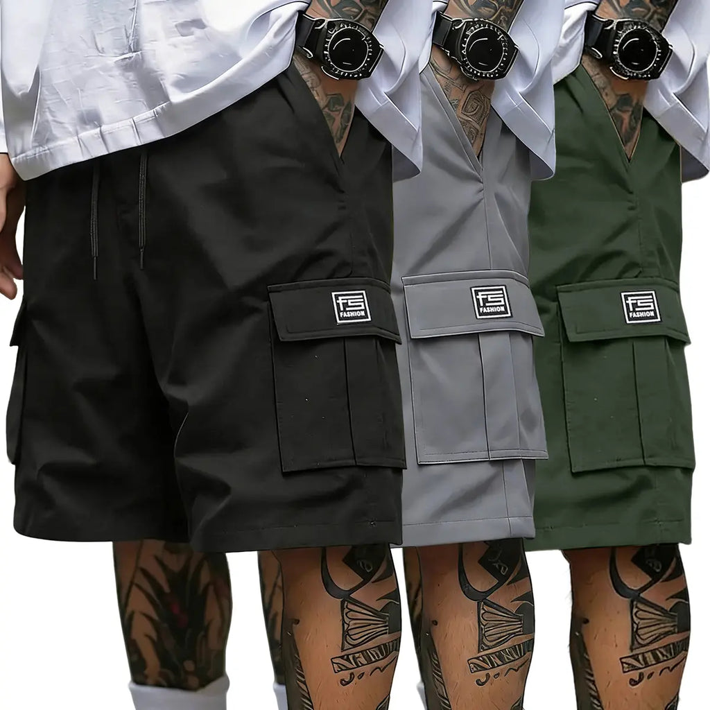 Men's 3-Piece Cargo Shorts Set - Multi-Pocket, Contrasting Label Accents, Drawstring Elastic Waist, Breathable Summer Streetwear, S Size Matching Men's Shorts