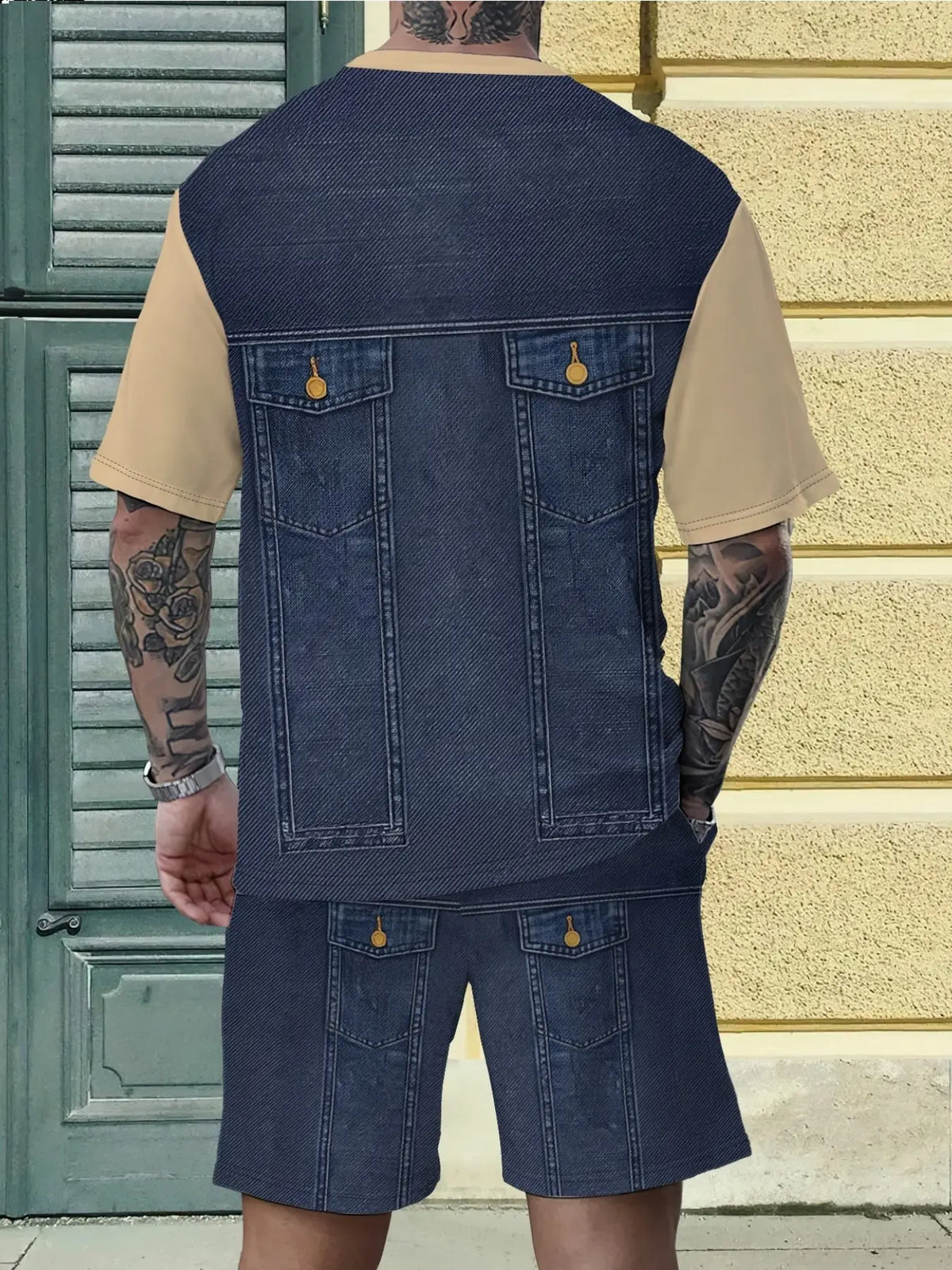 Men's Workwear Overall Shorts, Fashion Embroidery Design, Graphic, Multiple Pockets, Summer Casual Wear, Short Sleeve Patchwork Bib Pants