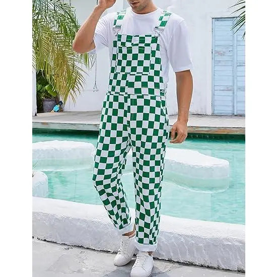 YUANBANG Men's Stretch Denim Overalls, St. Patrick's Day Coveralls, Green Checkered Bibs Workwear, Stylish Menswear with Zipper Closure