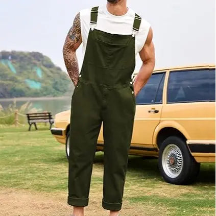 YUANBANG Men's Basic Denim Overalls Adjustable Straps Jumpsuit Fall Winter Fashion Comfort Sleeveless Pocket Menswear Bibs Workwear Coveralls with Zipper Solid Color Strappy One-Piece Outfits
