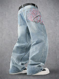 Men's Vintage Y2K Style Loose Wide Leg Jeans, Cherry Blossom Floral Embroidery, Pocket embroidery is not available, Street Fashion, Streetwear, Hip Hop Boyfriend Pants, All Seasons
