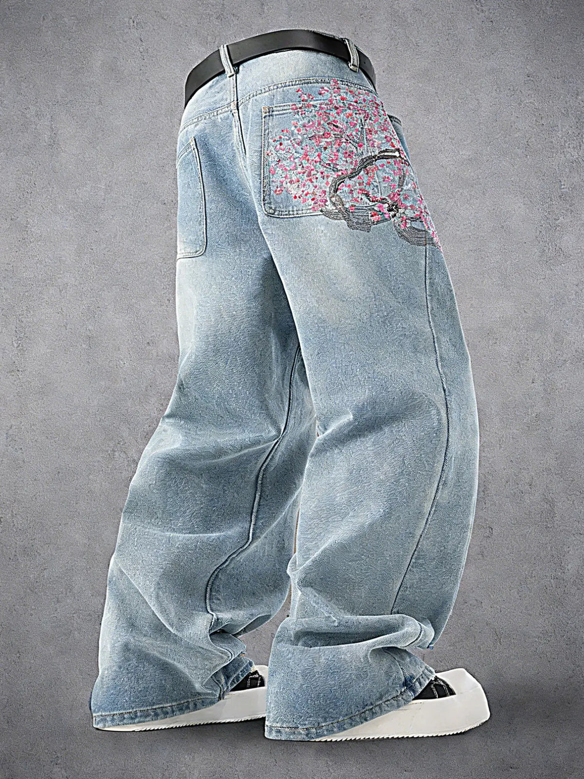 Men's Vintage Y2K Style Loose Wide Leg Jeans, Cherry Blossom Floral Embroidery, Pocket embroidery is not available, Street Fashion, Streetwear, Hip Hop Boyfriend Pants, All Seasons