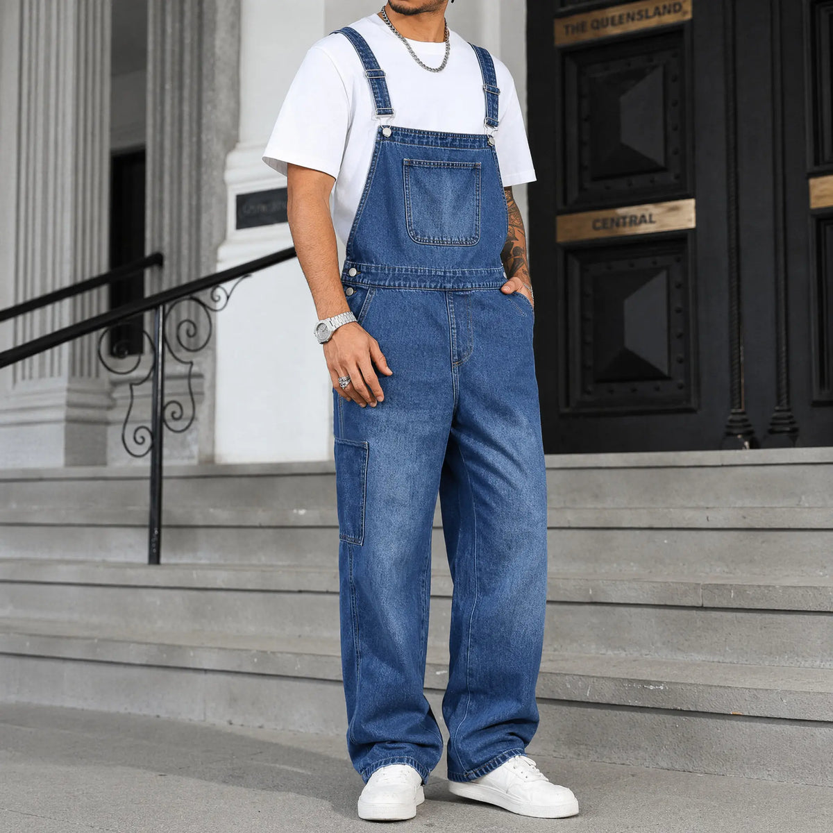 Men's Rigid Cotton Baggy Denim Overalls - Vintage Mid-Wash Blue Wide Leg Dungarees with Bib Hardware, Bib Pocket, Buckle, Utility Drape Jumpsuit for Summer Casual Workwear