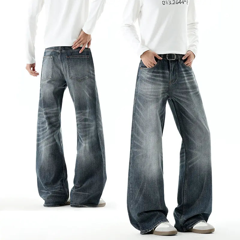 Men's Retro Chic H-Type Wide Leg Denim Jeans - Ombre Wash, Loose Fit, Side Pockets, No Skin-Tight Design, Casual American Streetwear Male Clothing Bottoms