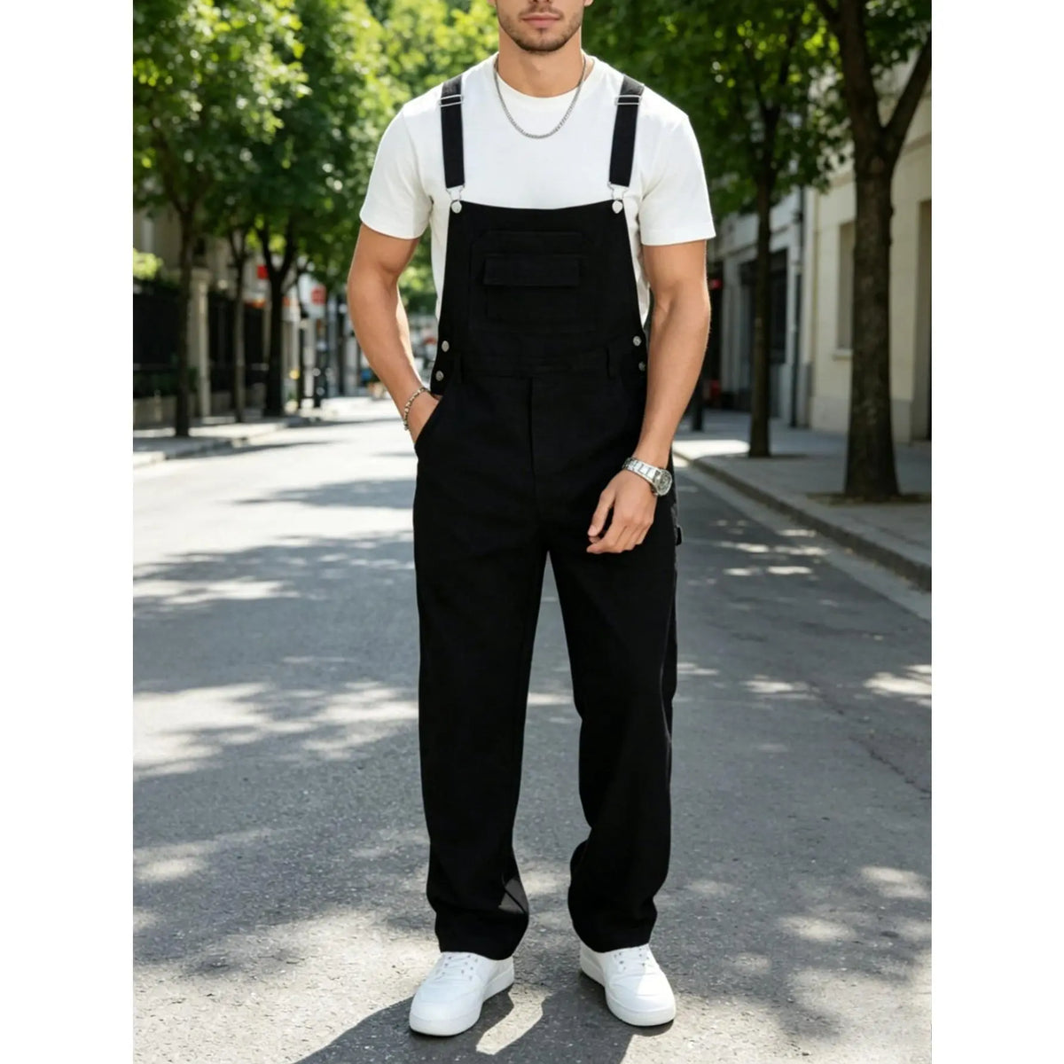 1 pair of men's denim overalls, multifunctional and multi pocket trendy high street minimalist style one-piece straight leg pants, suitable for all seasons, Casual, Menswear, Clothes