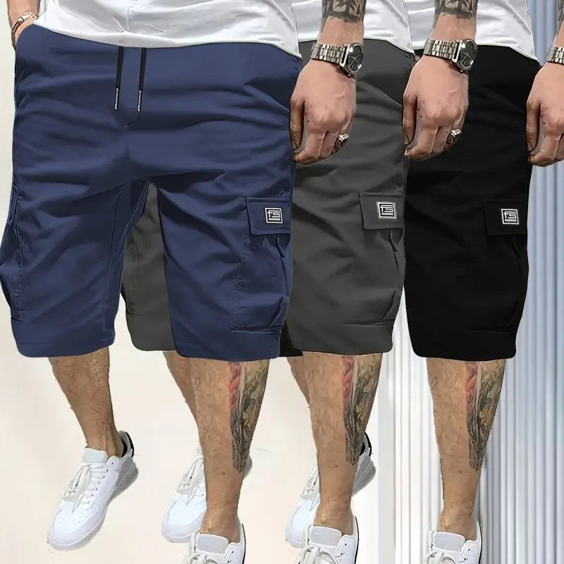 3-Piece Men's Shorts Set - Brown Black & Green - Slanted Pockets - 3-Piece Bottoms for Everyday Use Menswear Overalls shorts men ,Perfect for Street Style, Skateboarding, and Camping