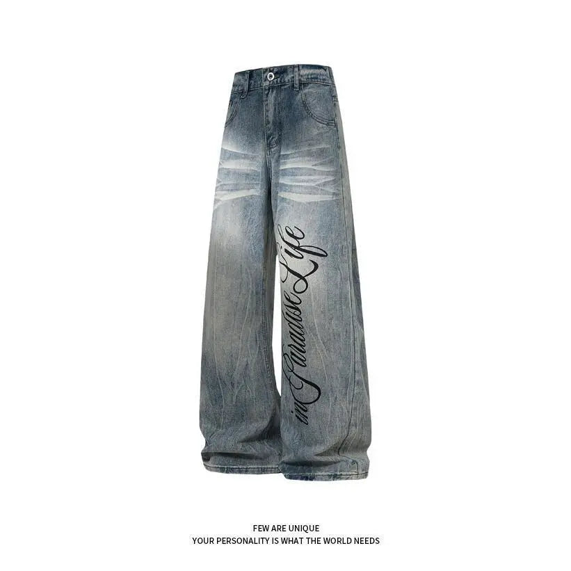 Men's High Cotton Vintage Washed Wide Leg Jeans, Large Cursive Paradise in Life Letter Print Distressed Baggy Denim Pants, Y2K Hip Hop Streetwear Loose Fit Casual Everyday Denim Trousers for Men
