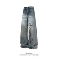 Men's High Cotton Vintage Washed Wide Leg Jeans, Large Cursive Paradise in Life Letter Print Distressed Baggy Denim Pants, Y2K Hip Hop Streetwear Loose Fit Casual Everyday Denim Trousers for Men