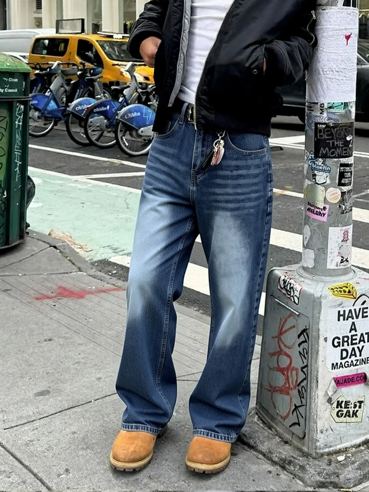 Men's Vintage Washed Classic Loose Fit Denim Jeans, Pocket, Urban Street Style Streetwear, Loose Street Fashion, Casual Daily Wear, Natural Waist, Zipper Fly, All Seasons, Loose Jeans Trousers, Pants, Plain Jeans Pants