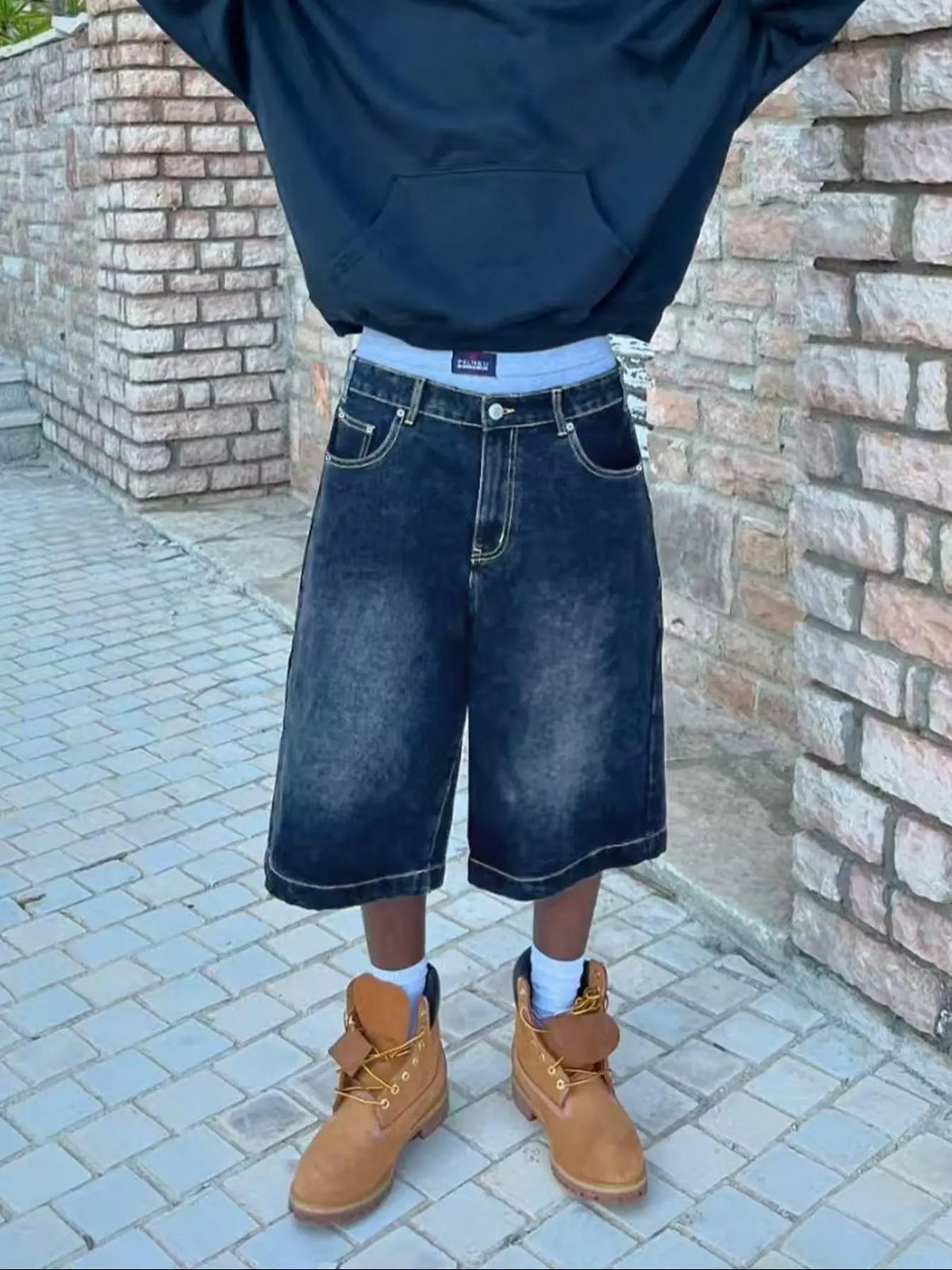 Men's Denim-Effect Dark Washed Distressed Print Straight Leg Pocket Shorts Loose Baggy Casual Comfy Denim Jeans Shorts for Summer, Fashion Menswear Men's Bottoms for Daily Wear, Streetwear