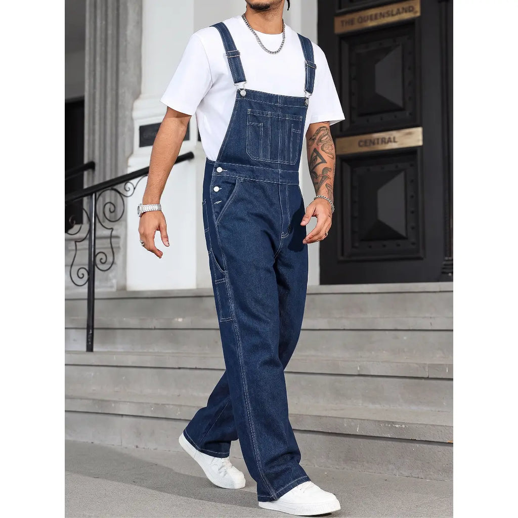 Men's Dark Blue Classic Menswear Denim Overalls - Slim Fit Straight Pants, Adjustable Straps, Breathable Fabric, Chic Preppy Minimalist Basics, Streetwear Workwear Jumpsuit, Summer Urban Essential