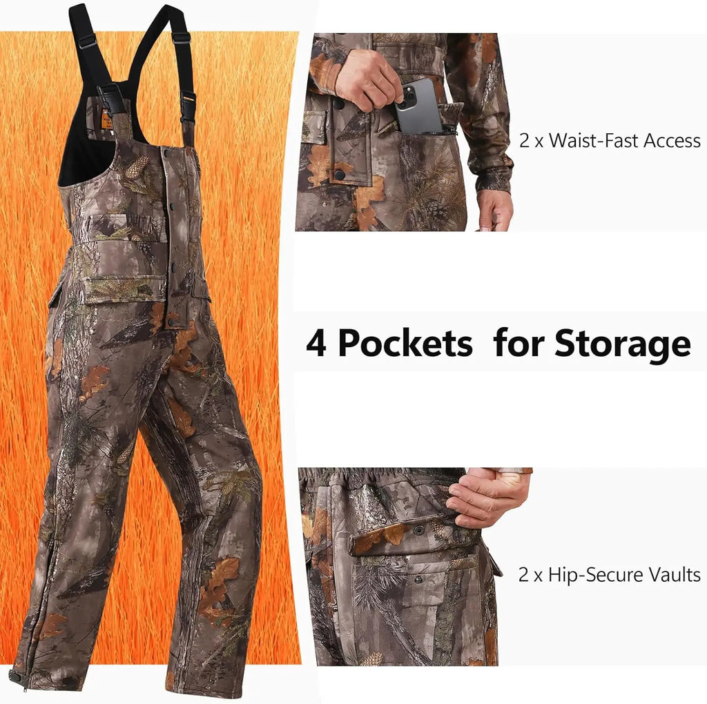 NEW VIEW Men's Camouflage Sleeveless Thermal Insulated Hunting Bibs - Adjustable Strap Elastic Overalls, Fleece Lined, Water-Resistant, Silent, Functional Zippers, Pockets, Ankle Length, All Seasons Outdoors Winter Sports Wear