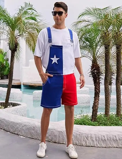 OPDNBON Texas Flag Stretch Bib Overalls for Men Adjustable Straps Work Coveralls Patriotic Printed Shorts Jumpsuit