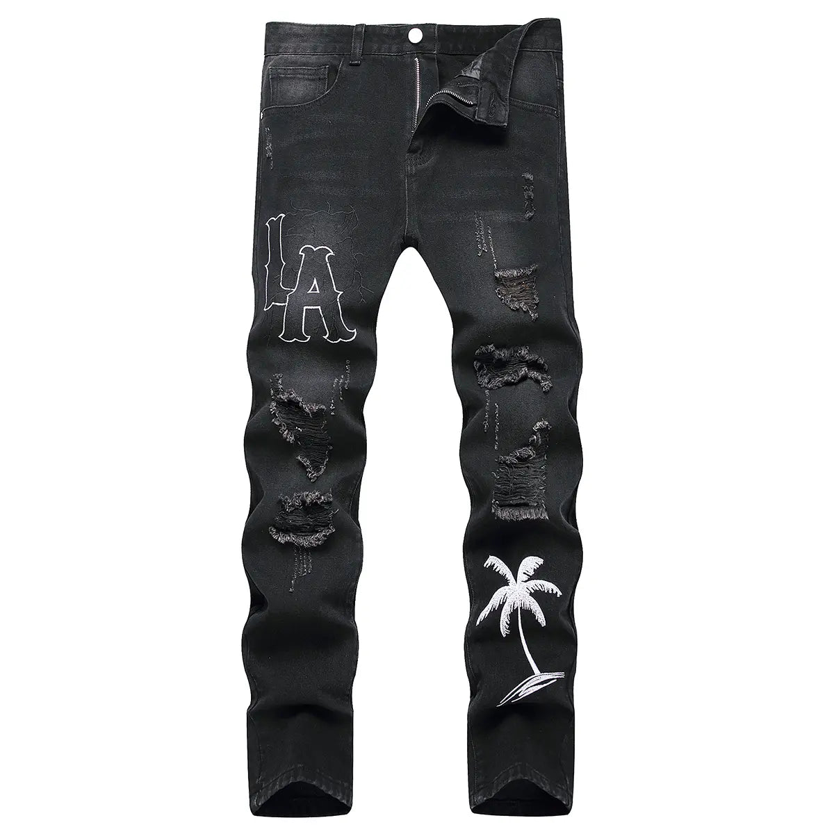 Men's Classic Cotton Distressed Retro Foldable Straight Leg Denim Jeans - 4-Season Comfortable Casual Bottoms with Zipper, Durable Fabric, Pockets, Embroidery, Buttons, Ideal for Retro Street, Halloween, Thanksgiving, Easter, Valentine's Day