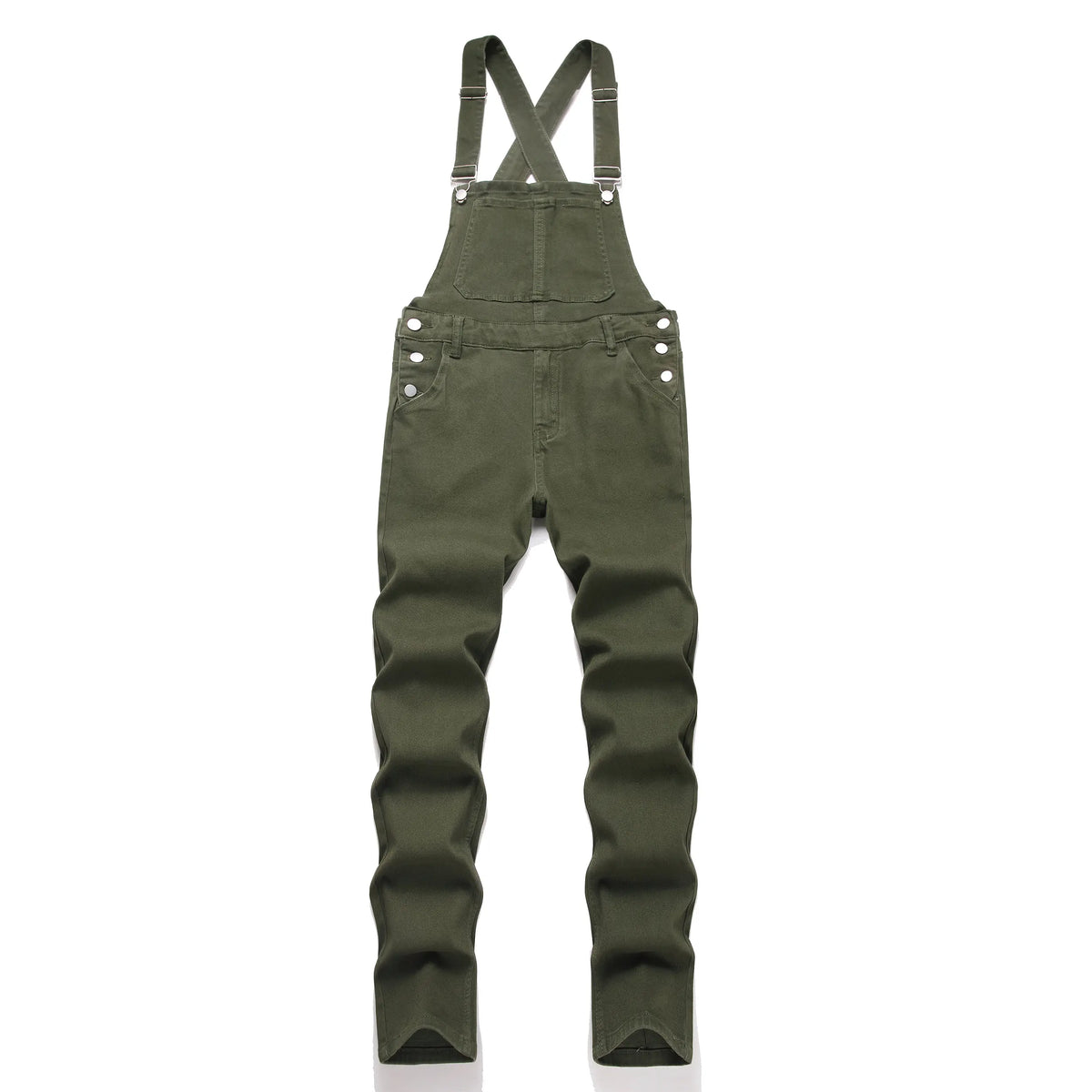 Men's Chic Solid Plain Military Green Cargo Pants - Adjustable Straps, Durable Fabric, Loose Straight-Leg, Year-Round Outdoor Casual Long Menswear Bottoms with Suspender Buttons, Multi-Size