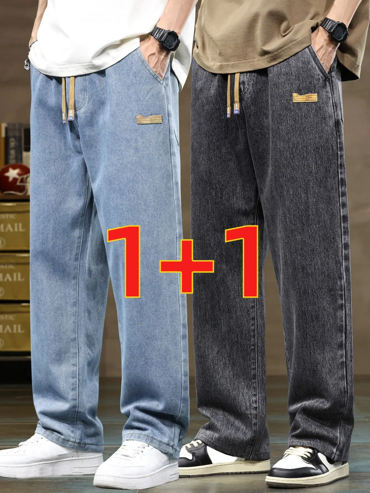 Men's drawstring elastic waist straight leg Pocket jeans solid color casual versatile non stretch denim pants, fit straight leg version, suitable for all seasons