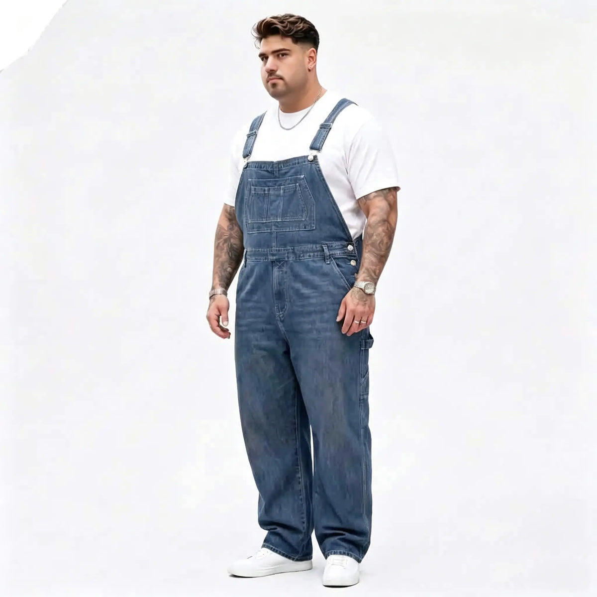 Men's Big & Tall Solid Heavy-Duty Denim Bib Overalls - Menswear Baggy Overalls, Loose-Fit Full Length Straight Leg Workwear Jumpsuit, Adjustable Strap, Multi Pockets, All Seasons, Machine Wash, Work Casual Plain Denim Do Not Bleach