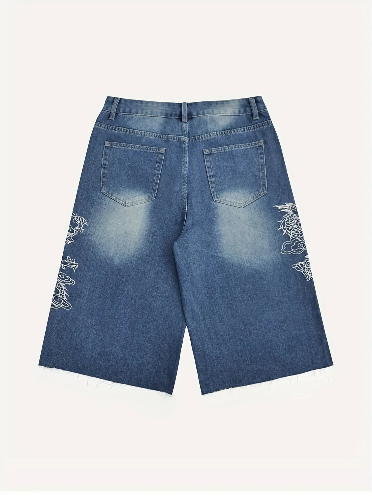 Men's Dragon Embroidery Pocket Frayed Loose Denim Shorts, High Street Trendy Streetwear Casual Straight-Leg Relaxed Fit, Comfortable Everyday Wear