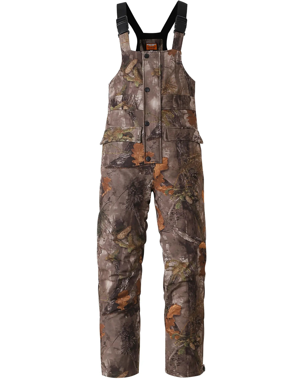 NEW VIEW Men's Camouflage Sleeveless Thermal Insulated Hunting Bibs - Adjustable Strap Elastic Overalls, Fleece Lined, Water-Resistant, Silent, Functional Zippers, Pockets, Ankle Length, All Seasons Outdoors Winter Sports Wear
