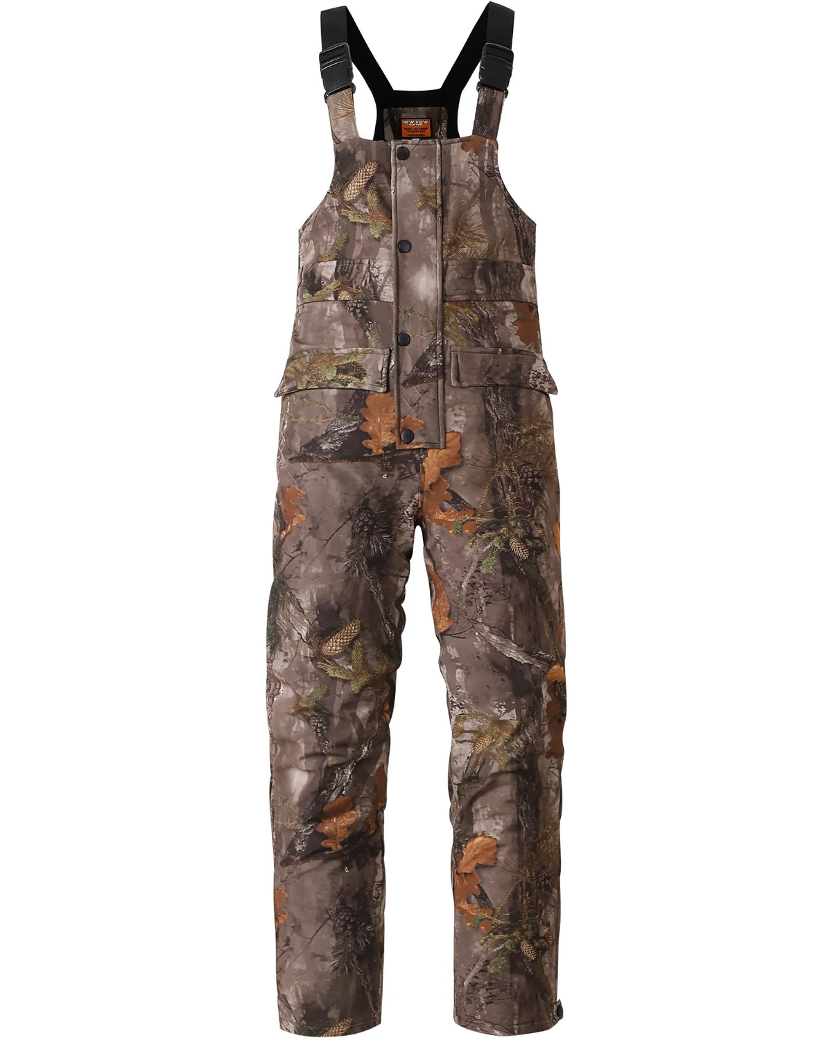 NEW VIEW Men's Camouflage Sleeveless Thermal Insulated Hunting Bibs - Adjustable Strap Elastic Overalls, Fleece Lined, Water-Resistant, Silent, Functional Zippers, Pockets, Ankle Length, All Seasons Outdoors Winter Sports Wear