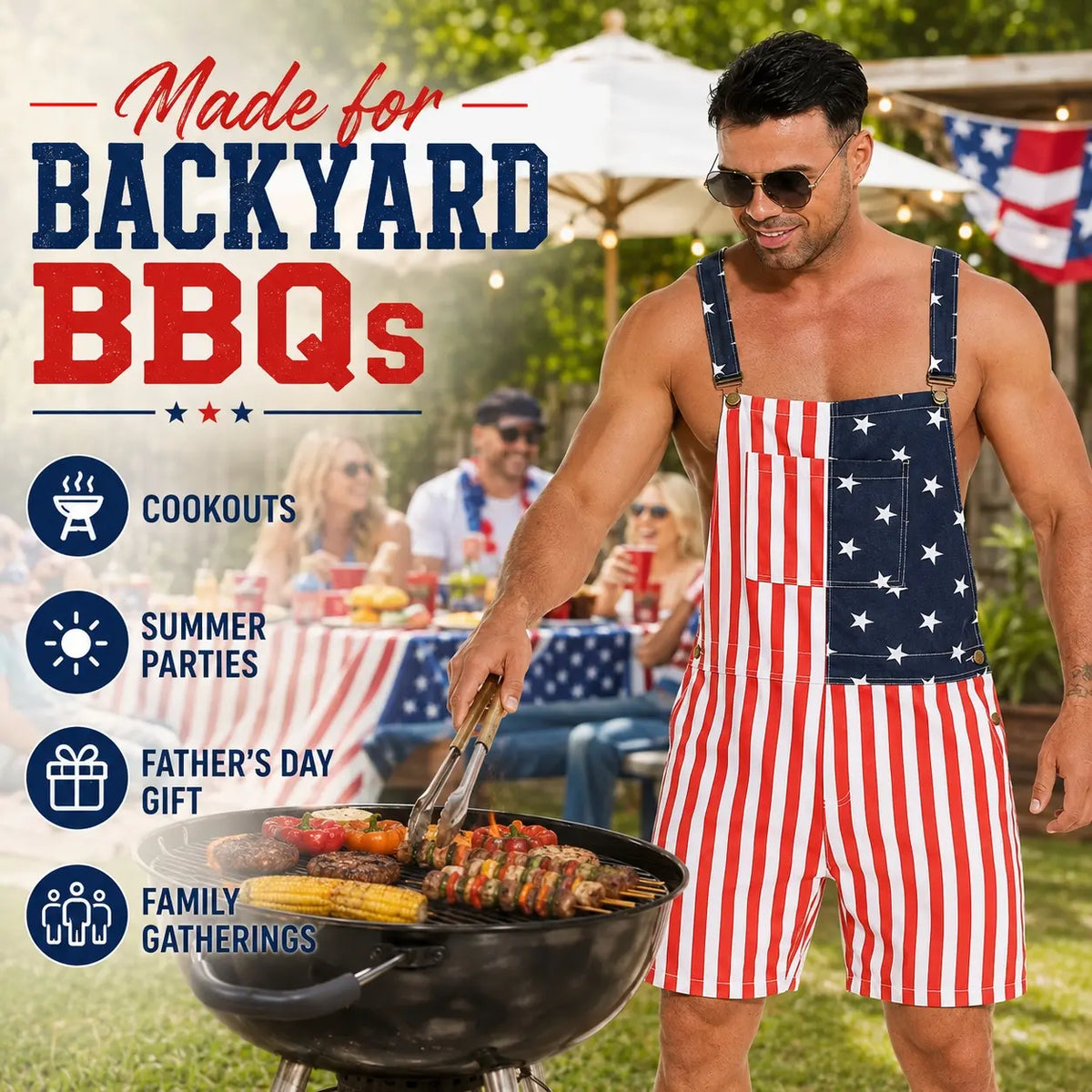 Men's Stretchy Denim Overalls - Flag-Themed 250th Anniversary 4th of July Patriotic Outfit, 4xl/5xl Stretch Fabric Moves With Your Day Work-Ready Romper, Casual Menswear Father’s Day Gift