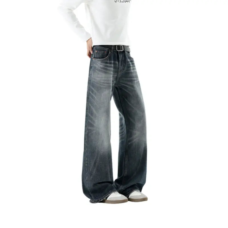 Men's Retro Chic H-Type Wide Leg Denim Jeans - Ombre Wash, Loose Fit, Side Pockets, No Skin-Tight Design, Casual American Streetwear Male Clothing Bottoms