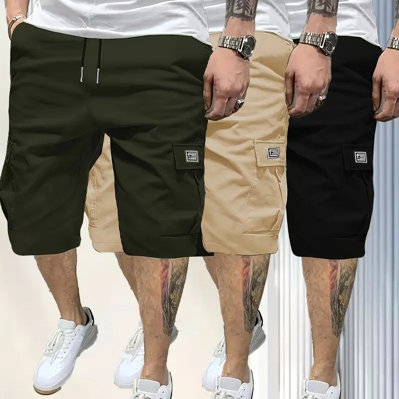 3-Piece Men's Shorts Set - Brown Black & Green - Slanted Pockets - 3-Piece Bottoms for Everyday Use Menswear Overalls shorts men ,Perfect for Street Style, Skateboarding, and Camping