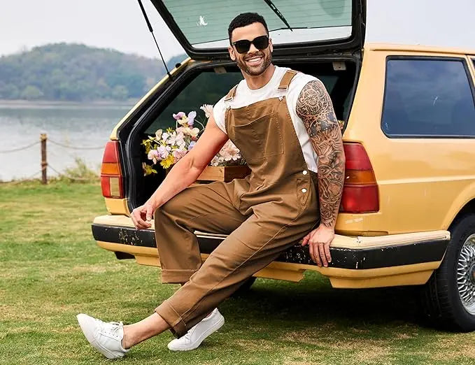 YUANBANG Men's Loose Fit Denim Bibs Overalls Fashion Coveralls Work Utility Jumpsuit with Pockets, Casual Comfy Sleeveless Workwear