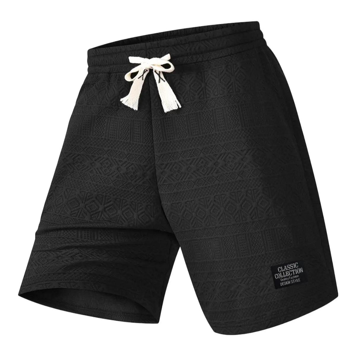 Men's 2-Piece Textured 2-Tone Casual Shorts Set, Black & White Geometric Embossed Pattern, Elastic Waist with Tassel Drawstring Tie, Breathable Fabric, Breathable Fits, Fitted Cut for Summer Daily Driving/OOTD Wear