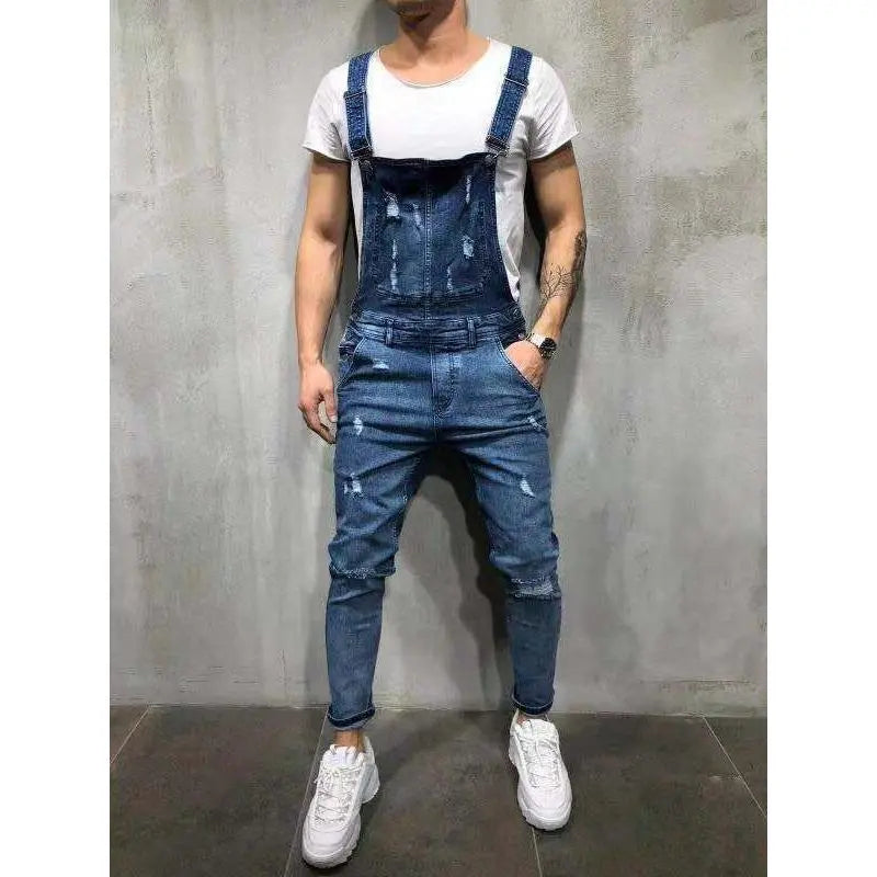 Men's High Cotton Distressed Denim Overalls, Vintage Washed Slim Fit Ripped Bib Overalls, Streetwear Casual Workwear Jeans Jumpsuit with Adjustable Straps for Men