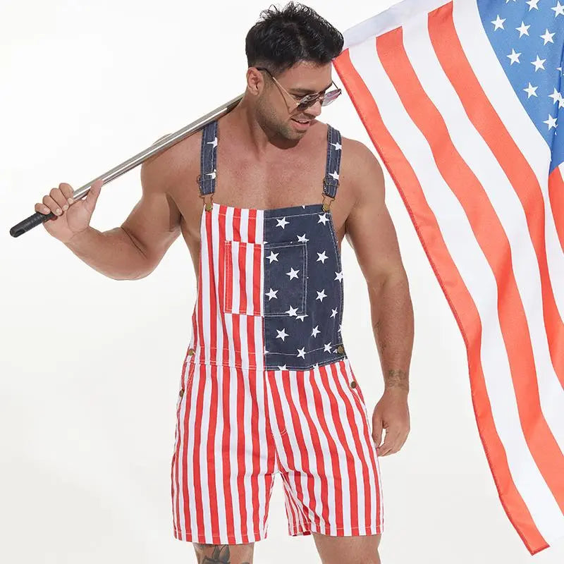 YUANBANG Men's Patriotic Denim Overalls - Fashion Casual, Casual Chic, Breathable Fabric, American Flag Design, Zipper Closure Bibs, Overalls Shorts Jumpsuit, 4th of July Menswear, Fashion Casual Overalls, Patriotic Jumpsuit