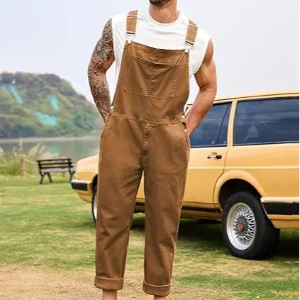 YUANBANG Men's Basic Denim Overalls Adjustable Straps Jumpsuit Fall Winter Fashion Comfort Sleeveless Pocket Menswear Bibs Workwear Coveralls with Zipper Solid Color Strappy One-Piece Outfits