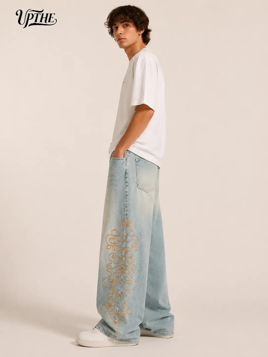 Men's Vintage Light-Wash Swirl Embroidery Floor-Length Baggy Wide-Leg Jeans - Retro Streetwear, Teenage Dirtbag Aesthetic Daily Casual Trousers