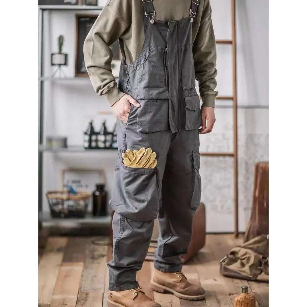 Men's Retro American Cotton Bib Overalls - Loose-Fit Full-Length Suspender Trousers with Pocket, Washable 4-Season Menswear Baggy Jumpsuit
