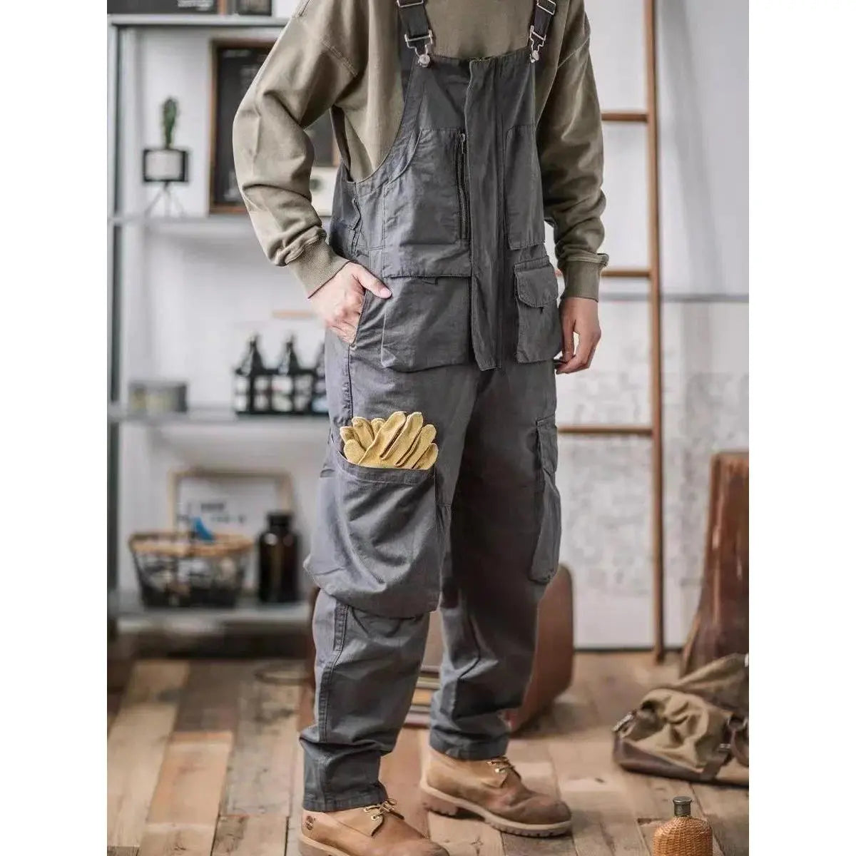 Men's Retro American Cotton Bib Overalls - Loose-Fit Full-Length Suspender Trousers with Pocket, Washable 4-Season Menswear Baggy Jumpsuit