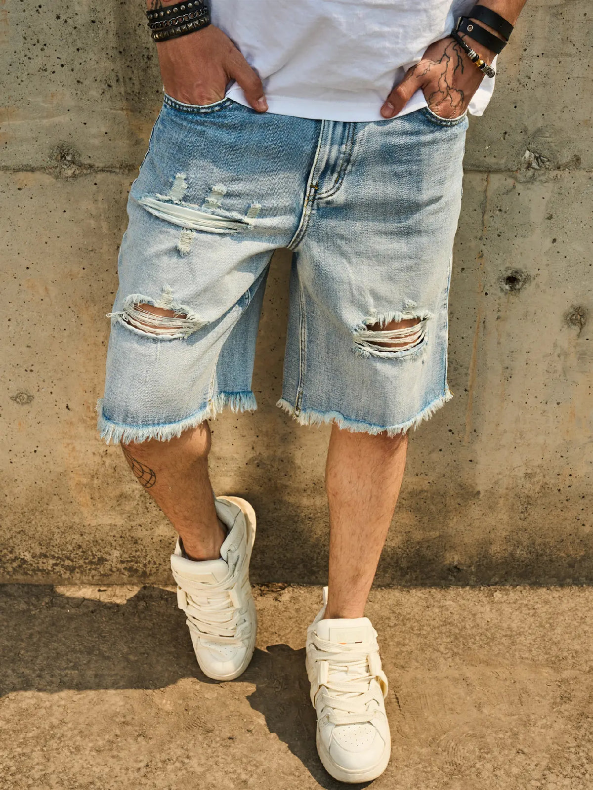 New Men’s Vintage Distressed Ripped Baggy Denim Shorts Streetwear Male Stylish Blue Holes Loose Straight Denim Five-point Pants Menswear Deals For You Days