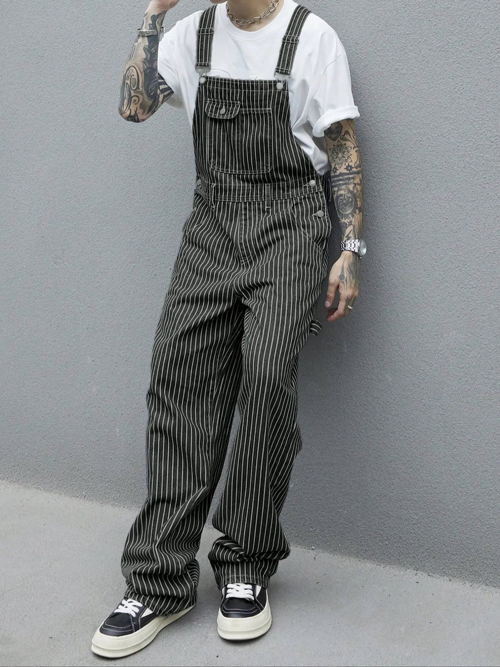 Men's Casual Striped Utility Denim Bib Overalls, Adjustable Shoulder Straps, Perfect for Work & Leisure Wear, Comfortable Fit, Fashion Casual Overalls