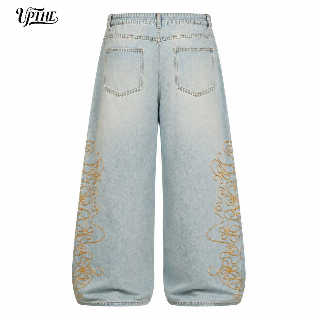 Men's Vintage Light-Wash Swirl Embroidery Floor-Length Baggy Wide-Leg Jeans - Retro Streetwear, Teenage Dirtbag Aesthetic Daily Casual Trousers
