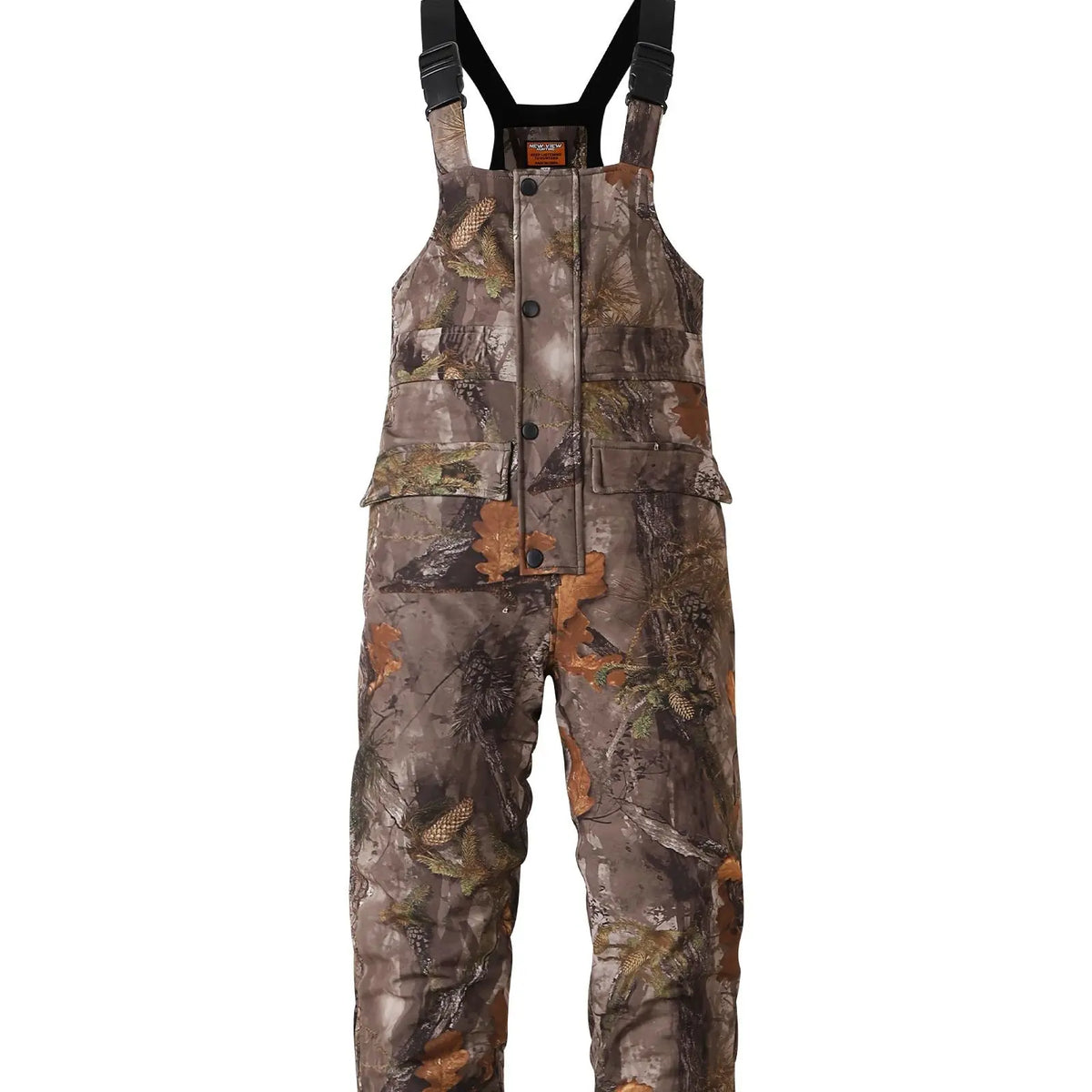 NEW VIEW Men's Camouflage Sleeveless Thermal Insulated Hunting Bibs - Adjustable Strap Elastic Overalls, Fleece Lined, Water-Resistant, Silent, Functional Zippers, Pockets, Ankle Length, All Seasons Outdoors Winter Sports Wear