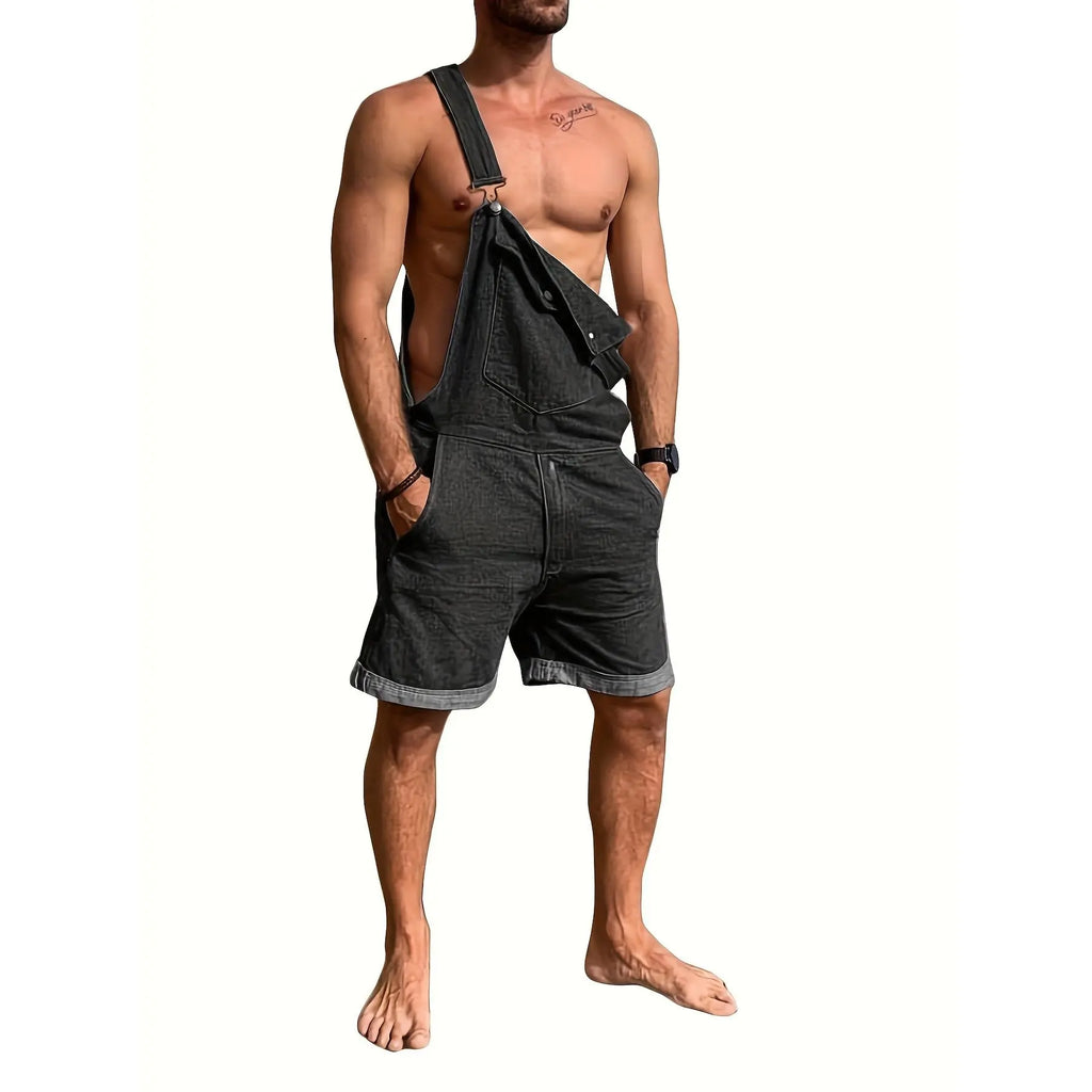 Men's Denim Bib Overall Shorts - Loose Fit, Above-Knee Length, Stretch Cotton-Viscose Fabric, Casual Cargo Pants with Pocket, Summer Walk Jumpsuit Rompers