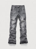 Men's Micro Flare Jeans, Loose-Fitting Button Fly Denim Pocket, Solid Color Y2K Streetwear Style, All-Season Wear, Washed Fabric, Patchwork Design, Hip Hop Jeans