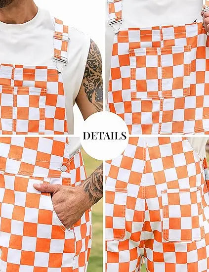 OPDNBON Christmas Checkered Bib Overalls for Men and Women Thanksgiving Stretchy Denim Adjustable Straps Jumpsuit Shorts Work Coveralls Football Game Outfits Spring Fashion Menswear Womenswear