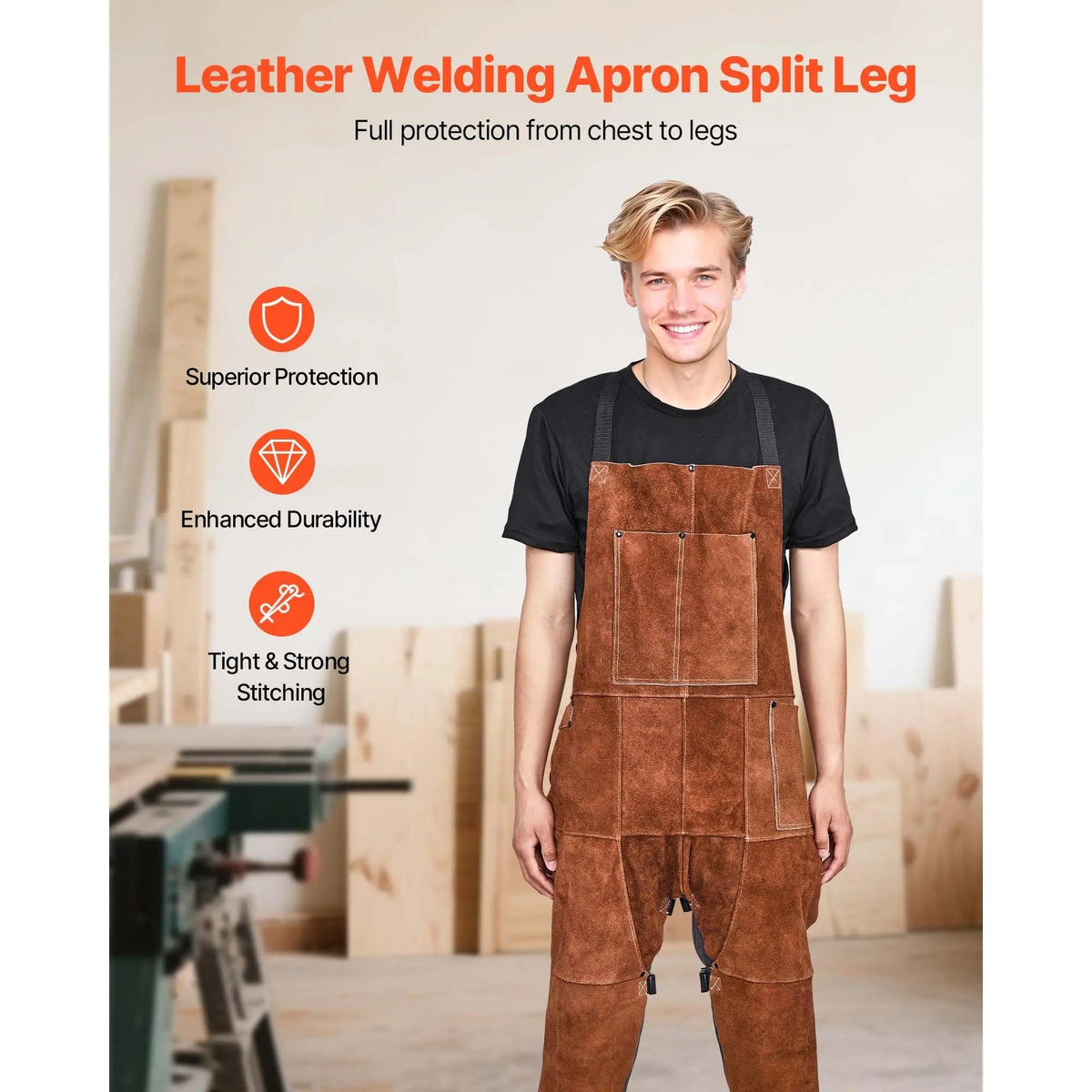 【toolupgrade】VEVOR M-Size Split Leg Full Cover Cowhide Welding Apron - Heavy-Duty Flame-Resistant Sleeveless Adjustable Floor Length Safety Apron for Men, 3 Tool Pockets, 2 Leather Hanging Loops, Cross Straps, Woodworking, Blacksmithing