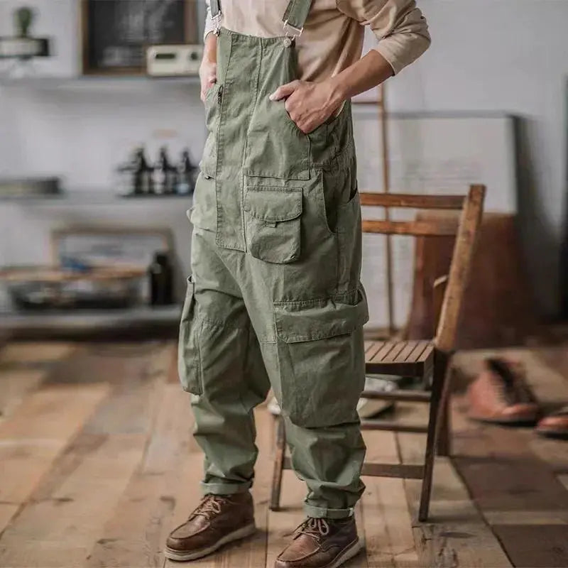 Men's Retro American Cotton Bib Overalls - Loose-Fit Full-Length Suspender Trousers with Pocket, Washable 4-Season Menswear Baggy Jumpsuit